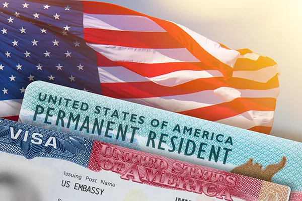 US flag and permanent visa card